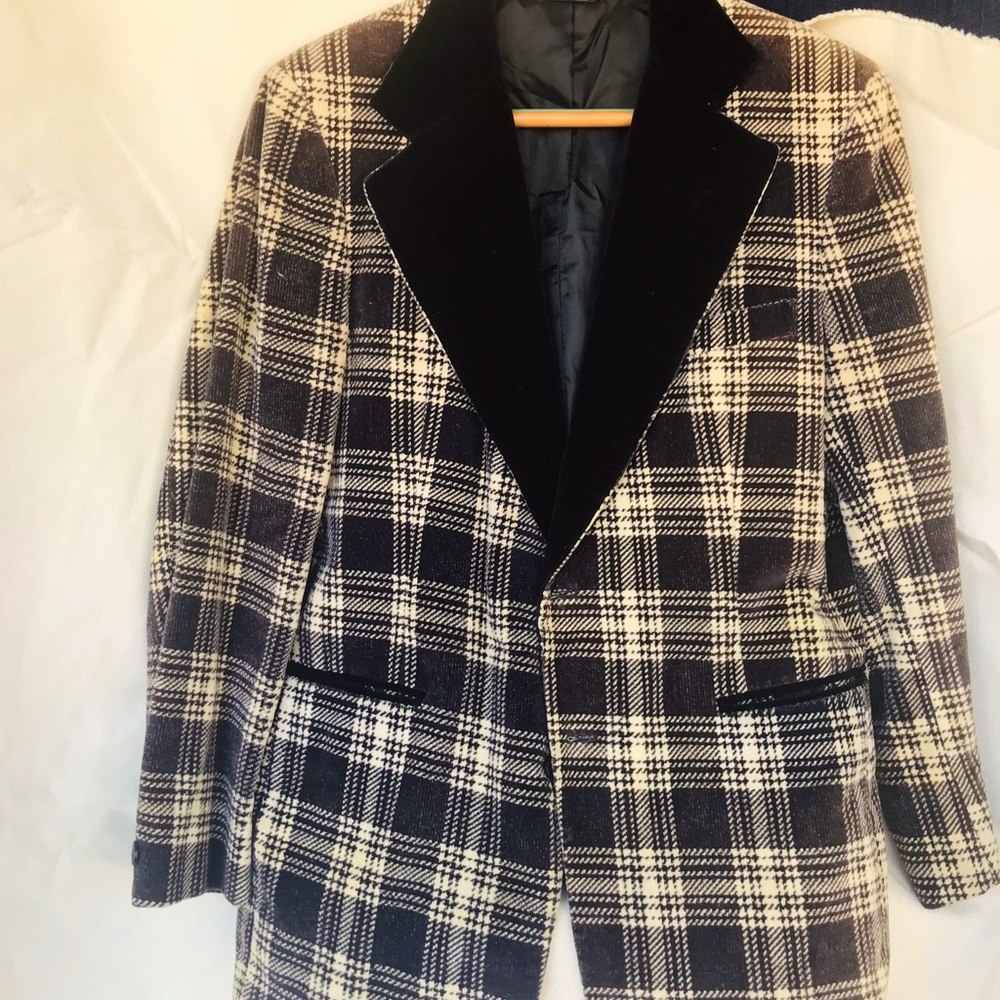 Men’s Vintage 70’s brown plaid velvet tuxedo jacket, size 42 L